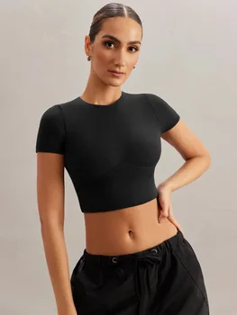 Женская футболка с короткими рукавами, приталяющая, с круглым вырезом, сексуальный укороченный топ в обтяжку