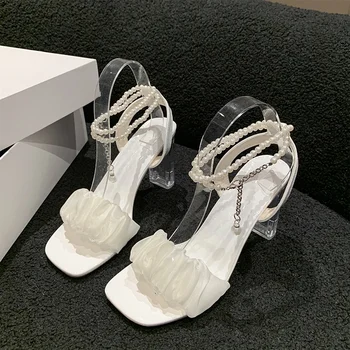 Женские вечерние босоножки на прозрачном каблуке 2024 года с перекрестным ремешком и пряжкой, женская обувь, средние кроссы, высокие туфли для девочек, Средний Модный летний бант
