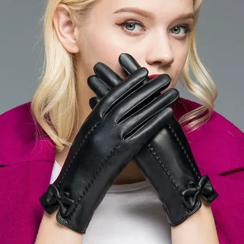 Женские перчатки для вождения, роскошные Ветрозащитные перчатки с сенсорным экраном из искусственной кожи, сохраняющие тепло на открытом воздухе, Черные Кашемировые перчатки для платья