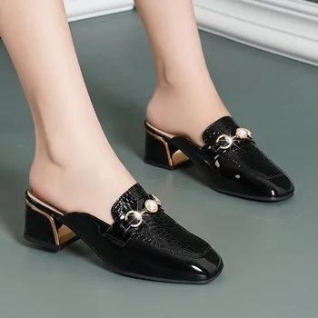 Женские полуботинки Baotou, Модная офисная повседневная обувь в британском стиле на толстом среднем каблуке с квадратным носком на металлической цепочке, zapatos de mujer