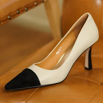 Женские туфли-лодочки-слипоны из натуральной кожи разных цветов в стиле пэчворк с острым носком на высоком тонком каблуке 7 см, элегантные женские вечерние платья на каблуках