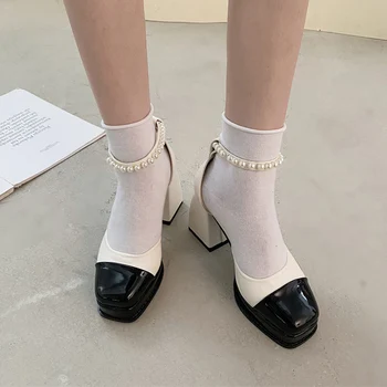 Женские туфли на толстом каблуке с жемчугом и шнуровкой на высоком каблуке с квадратным носком из искусственной кожи для вечеринок