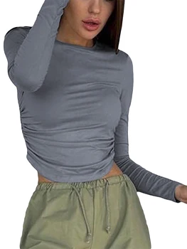 Женские укороченные топы с рюшами, базовая рубашка с длинным рукавом, приталенный пуловер Y2K, клубная уличная одежда, эстетичная одежда в стиле гранж