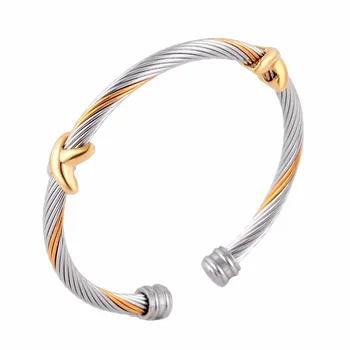 Женские эластичные регулируемые двухцветные украшения из нержавеющей стали, манжета из золотого Х-образного витого кабеля, Жемчужный браслет