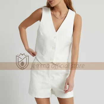 Женский костюм, белая льняная майка на заказ, шорты, комплект из 2 предметов - простой и удобный комплект, подходящий для различных случаев.