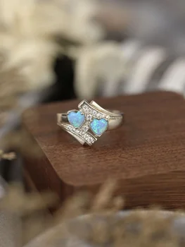 Женское кольцо из чистого серебра 925 пробы с полным цирконом I-образной формы с 2 голубыми опалами в форме сердца, кольцо для пар в романтическом стиле в подарок любимому