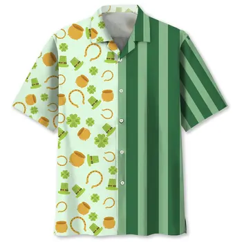 Зеленая мужская гавайская рубашка с короткими рукавами и рисунком ирландского клевера, повседневные топы с рисунком ирландского клевера, новые мужские рубашки 2024 года