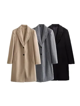 Зимнее шерстяное пальто TRAF, женские Мягкие облегающие Длинные пальто 2023, Осень-зима, Винтажная женская верхняя одежда с длинным рукавом, Шикарные топы