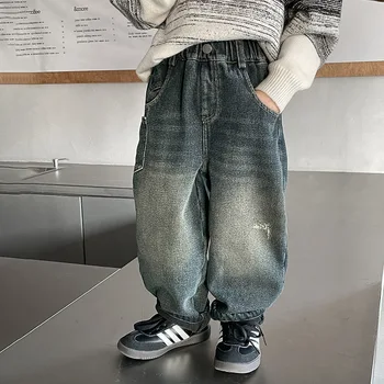 Зимние детские винтажные свободные брюки в стиле пэчворк для мальчиков и девочек с плотной флисовой подкладкой, рваные джинсы