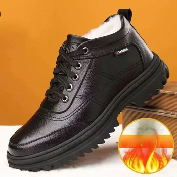 Зимние кожаные черные мужские ботинки в британском стиле на шнуровке Для отдыха, удобные универсальные повседневные теплые нескользящие трендовые резиновые туфли на плоской подошве TY96