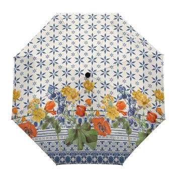 Зонт с цветочным геометрическим рисунком в стиле ретро для улицы, полноавтоматический дождевой зонт Eight Bones, подарок взрослым, зонты для детей