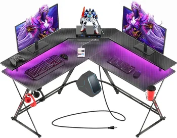 Игровой стол L-образной формы со светодиодной подсветкой и розетками питания, компьютерный стол 50,4 дюйма с подставкой для монитора и поверхностью из углеродного волокна