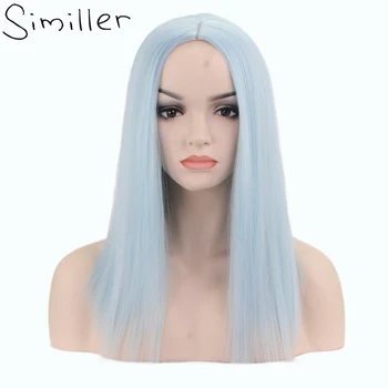 Имитатор синтетических женских коротких париков с прямыми волосами смешанного цвета, светло-голубая центральная часть