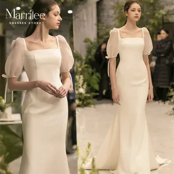 Классическое свадебное платье из атласа, Корейское свадебное платье с квадратным воротником и наполовину пышными рукавами, простые плиссированные платья невесты с пуговицами на заказ