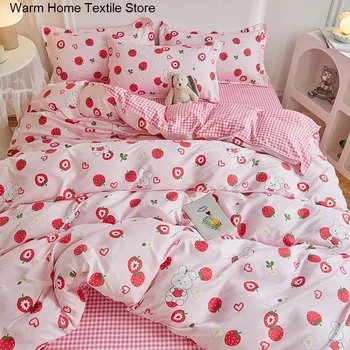 Комплект постельного белья Pink Strawberry Rabbit Princess Girl Heart Double Queen King Size Простыня Пододеяльник Мягкое Стеганое одеяло Наволочка
