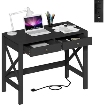 Компьютерный стол с USB-портами для зарядки и розетками питания, 39-дюймовый черный стол с выдвижными ящиками