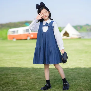 Корейский Весенне-осенний комплект одежды для девочек из 2 предметов, рубашка с кукольным воротником и длинным рукавом для девочек + джинсовый ремень, комплект платья для девочек