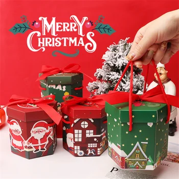Коробка для упаковки рождественских яблок 1шт Подарочная коробка в канун Рождества Коробка конфет Креативная шестиугольная коробка с переносным веревочным украшением для вечеринки