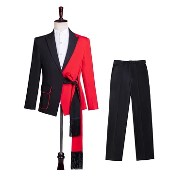 Красный и черный блейзер контрастного цвета, мужской костюм, тонкое сценическое шоу, выступление певца, свадебные костюмы в стиле пояса с кисточками, мужские