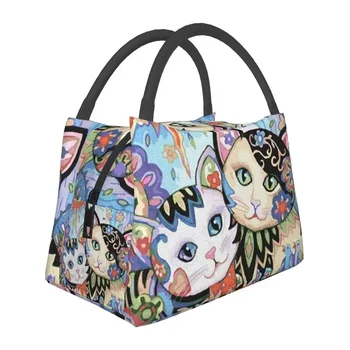 Красочные сумки для ланча с изоляцией в виде цветочного кота для женщин Мультяшный котенок Сменный термоохладитель Bento Box Кемпинг на открытом воздухе Путешествия