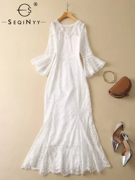 Кружевное платье SEQINYY для вечеринок, лето, весна, новый модный дизайн, женская одежда для подиума, Хай-стрит, тонкий рукав-фонарик, Белые цветы, Элегантный
