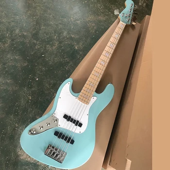 Левая 5-струнная Синяя электрическая бас-гитара с белой накладкой, настраиваемый кленовый гриф