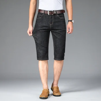 Летние деловые синие мужские джинсовые шорты выше колена прямого кроя, модные Классические черные стрейчевые синие джинсы длиной до икр, короткие мужские