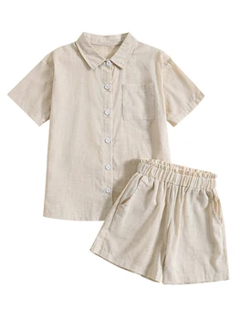 Летняя Одежда для маленьких девочек, блузка с коротким рукавом, рубашки на пуговицах, повседневные шорты с высокой талией, комплект одежды (роза 8-9 лет)