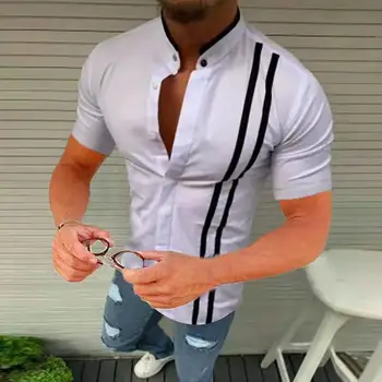 Летняя мужская рубашка со стоячим воротником и коротким рукавом, мужская рубашка с застежкой на пуговицы, летняя дышащая полосатая лоскутная рубашка для путешествий