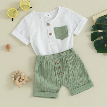 Летняя одежда для маленьких мальчиков, льняные шорты, однотонная футболка с коротким рукавом и пуговицами, комплект повседневной одежды