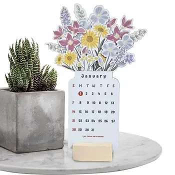 Маленький настольный календарь на месяц с цветочными узорами на 2024 год, Портативный Календарь с деревянной основой, Напоминания о расписании на столе для обеденного стола