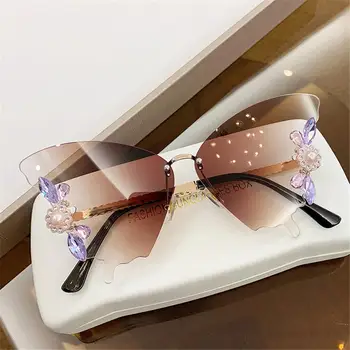 Милые вечерние очки с блестками, Очки с бриллиантами, Солнцезащитные очки без оправы, Солнцезащитные очки с хрустальными бабочками