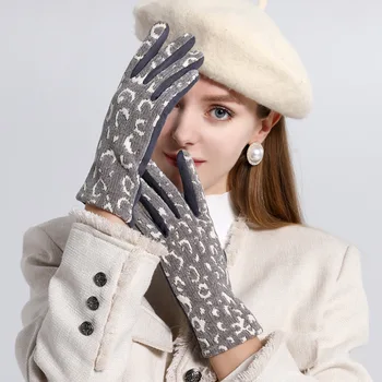 Модные зимние плюс бархатные толстые перчатки для вождения с сенсорным экраном с леопардовым принтом, женские уличные теплые варежки из замши на весь палец