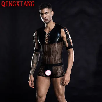 Модный мужской бандаж из искусственной кожи с кружевной сеткой, сексуальный костюм для косплея, одежда для ночного клуба на Хэллоуин, футболка для взрослых с трусиками, Комплект нижнего белья
