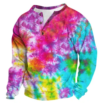 Мужская винтажная рубашка Henley Tie Dye, Новая весенне-осенняя модная спортивная футболка с длинными рукавами и воротником на пуговицах, повседневный универсальный пуловер