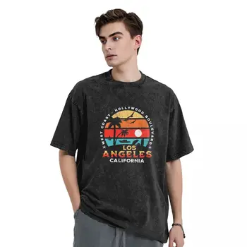 Мужская футболка Los Angeles California, Выстиранные Футболки С Пальмами И Ретро-Закатом, Летняя футболка Y2K С Забавным Принтом, Свободная одежда