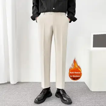 Мужские брюки, плотные плюшевые мужские костюмные брюки с мягкими карманами, застежка-молния до середины талии, официальные брюки делового стиля для офисной одежды