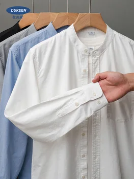 Мужские рубашки без воротника из оксфорда из 100% хлопка DUKEEN, весенне-осенняя повседневная однотонная блузка с длинными рукавами, мужская одежда белого цвета