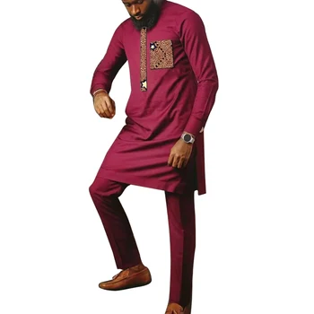 Мужской комплект цвета красного вина, рубашка с африканским принтом, накладные брюки, крутые топы в стиле пэчворк с брюками, сшитые на заказ в нигерийском стиле