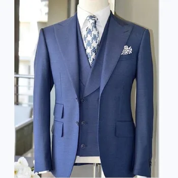 Мужской костюм синего цвета, 3 предмета, деловой повседневный однотонный костюм для свадьбы, жениха, банкета, рабочего смокинга, жакета, жилета с брюками