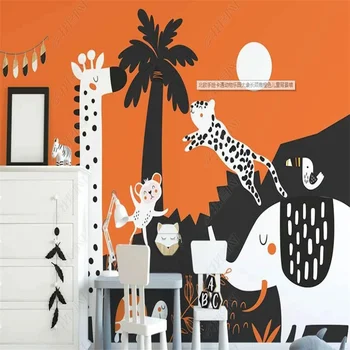 Мультфильм Парк Животных Фреска Слон Жираф Обои с животными Оранжевые 3D Обои для детской комнаты Детская комната