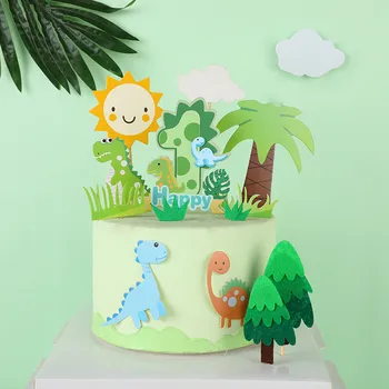 Мультяшный динозавр, топпер для торта, зеленый номер, флаг для кексов для украшения вечеринки по случаю Дня рождения