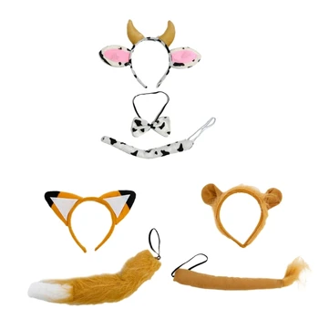 Мягкая повязка на голову с изображением коровы, кошки и хвоста, уши животных, обруч для волос для детей, мультяшный костюм с пушистыми повязками на голову животных