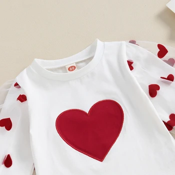 Наряд На День Святого Валентина для маленьких девочек, рубашка с длинными рукавами и юбкой в виде сердечка, комплект одежды с поясом