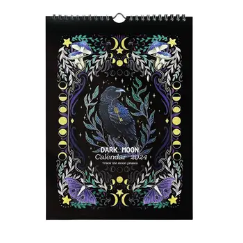 Настенный календарь 2024 Темный лес 12 месяцев 2024 Лунный календарь Водонепроницаемый Подвесной картонный Ежемесячный календарь с иллюстрациями