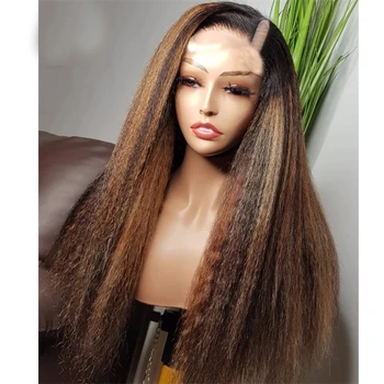 Натуральное омбре коричневого цвета длиной 24 дюйма, 180 Плотность, Кудрявый парик с прямой U-образной частью, Европейские человеческие волосы Remy, еврейский парик для чернокожих женщин