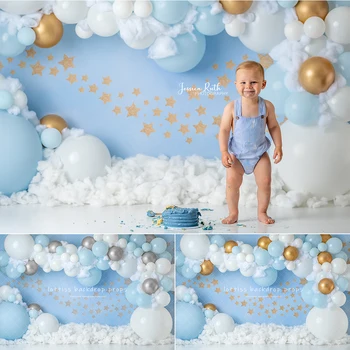 Небесно-голубые Золотые воздушные шары, фоны для фотосъемки, Разбитый торт на День рождения для мальчика, Фотоколлаж, Облака, Декоры, фоны