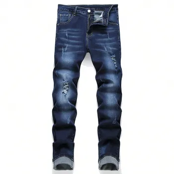 Новая Весенне-осенняя Корейская мода Стрейч-джинсовые Джинсы бойфренда для мальчиков Дизайнерская одежда Узкие брюки Мужские Тонкие Синие Рваные брюки
