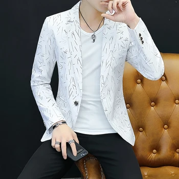 Новая мужская мода Gentleman Slim Fit Британский модный тренд Повседневный Все удобное Корейский свадебный блейзер с принтом