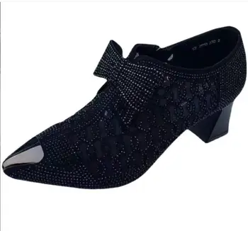 Новые сетчатые туфли на высоком каблуке, женская летняя мода, черные сандалии со стразами и бантом, женские сандалии большого размера